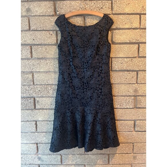 Black Lace Sleeveless A-Line Dress With Floral Overlay - Picture 1 of 9